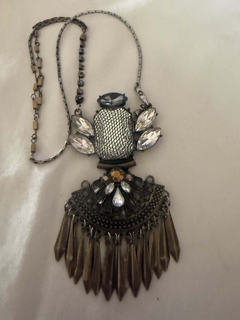 Festive gold chain fringe tassel necklace with clear and black Lace stones